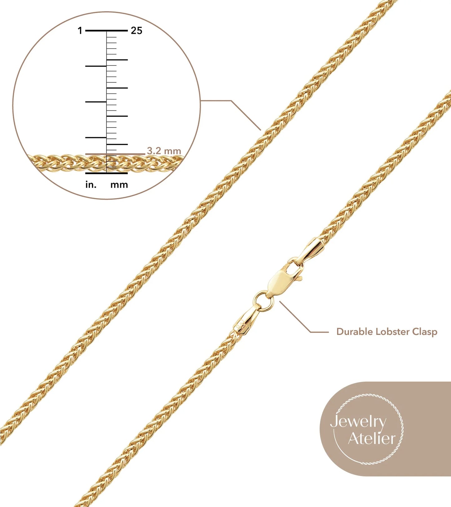 Gold Chain Necklace Collection - 14K Solid Yellow Gold Filled round Wheat/Palm Chain Necklaces for Women and Men with Different Sizes (2.5Mm, or 3.2Mm)