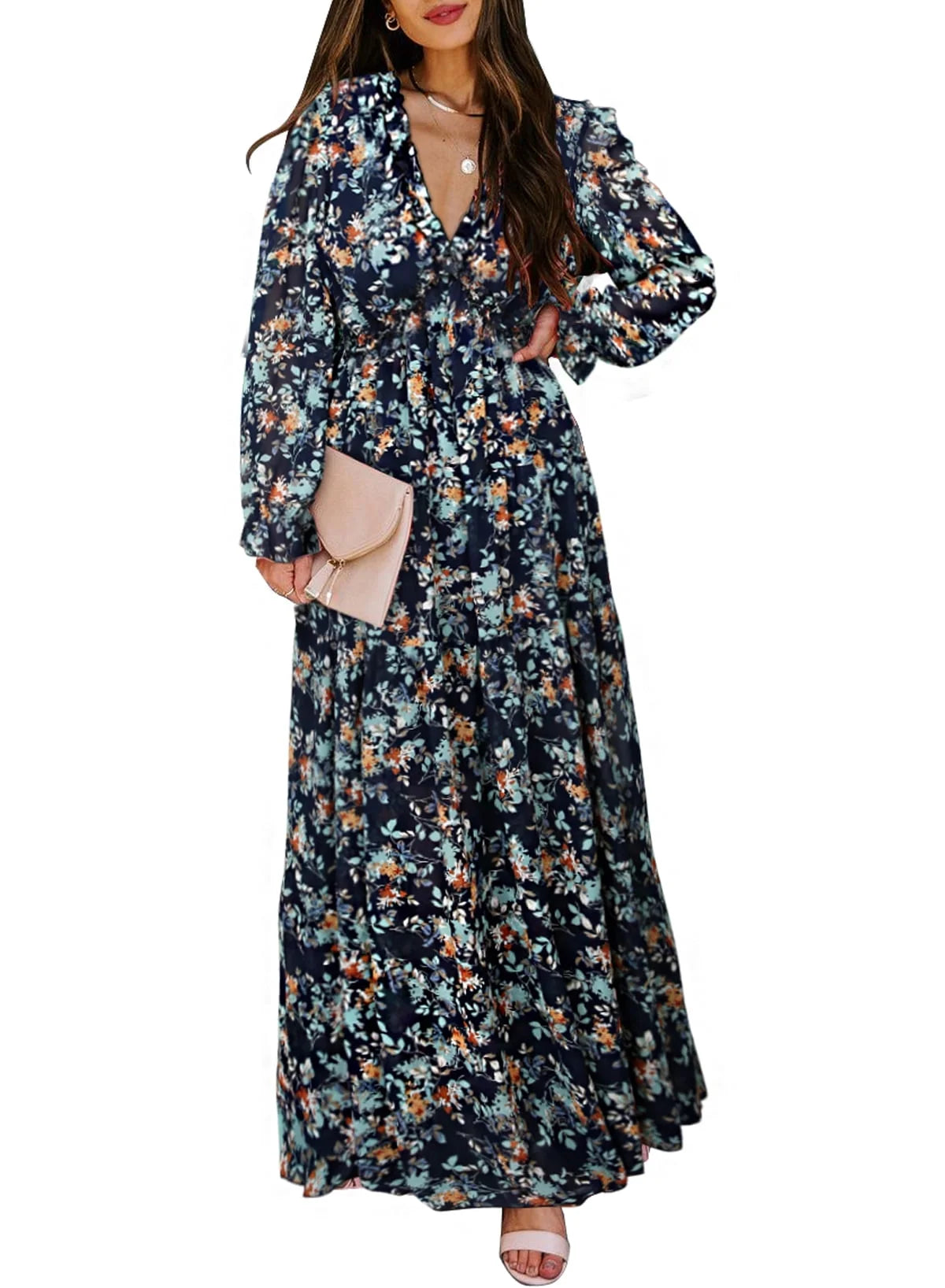 Womens Colorblock Party Dress Long Sleeve Formal Dress Fashion Evening Dress Ruffle Maxi Dress Boho Floral Fall Dress Flowy Loose Long Dress, US 8-10(M)