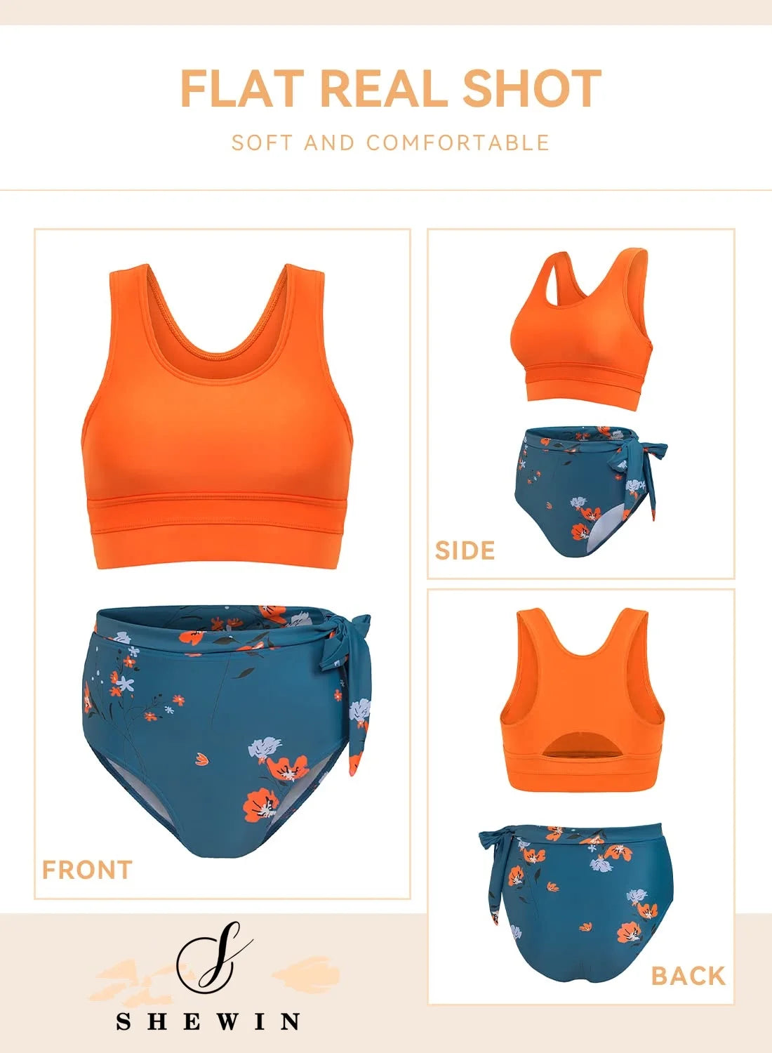 Swimsuit Women Two Piece Bikinis Bathing Suits Retro Floral Print Swimming Suits Beach Swimwear Orange US 14-16