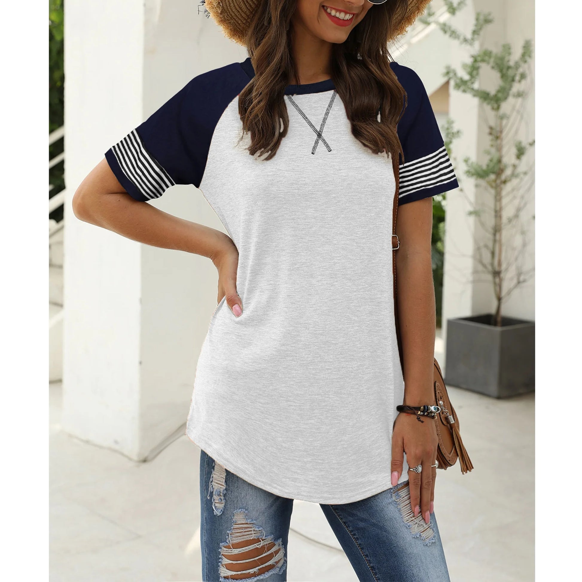 Women Tops Short Sleeve Summer Shirt for Women Baseball Tunic Top Casual Knit T Shirts Striped Light Pink Cute Tees