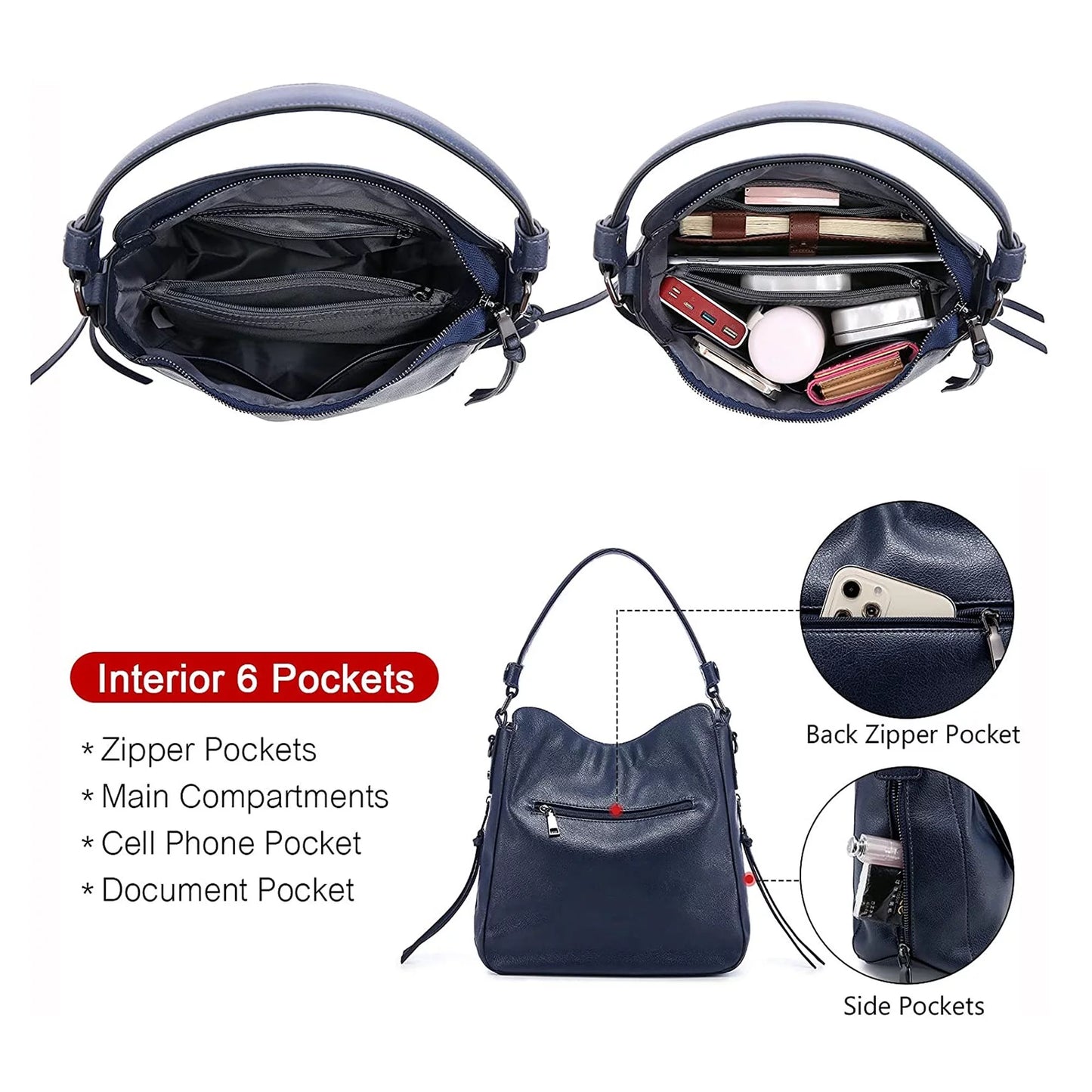 Handbags for Women Large Designer Ladies Hobo Bag Bucket Purse Faux Leather-Dark Blue