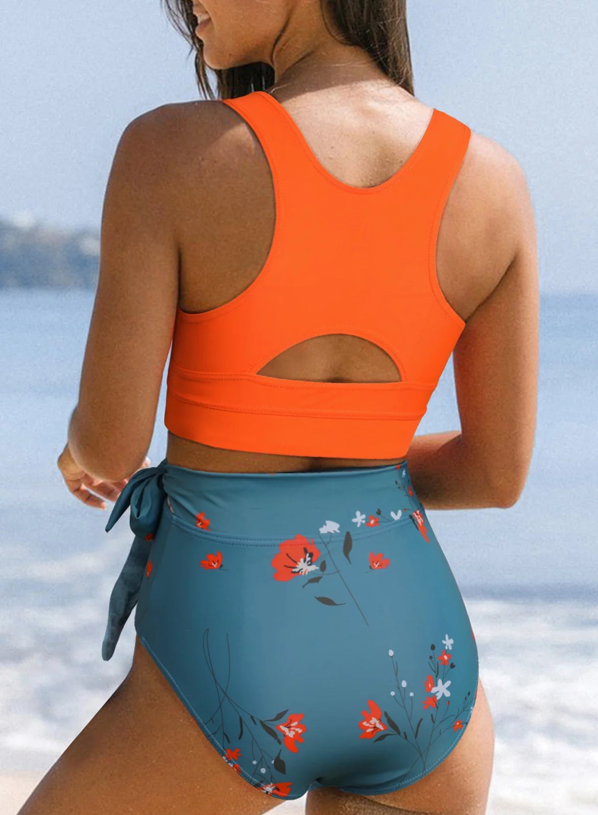 Swimsuit Women Two Piece Bikinis Bathing Suits Retro Floral Print Swimming Suits Beach Swimwear Orange US 14-16