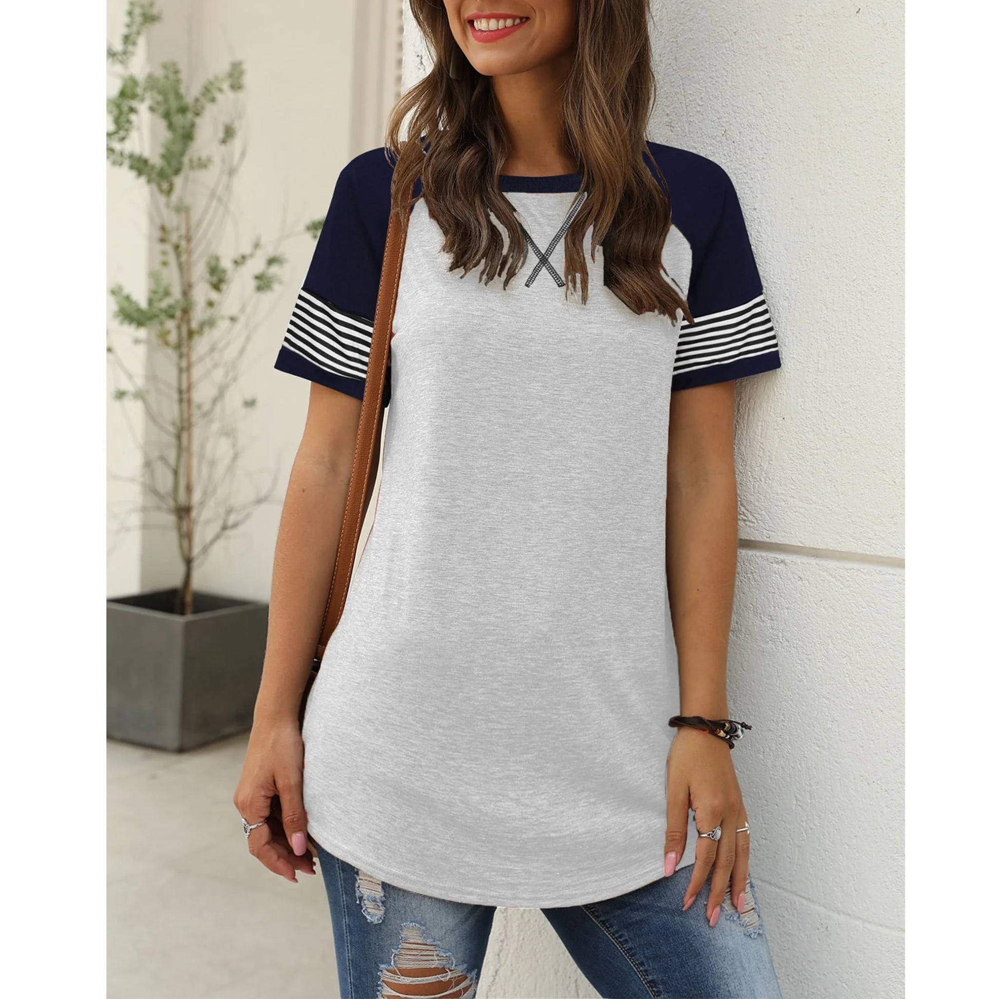 Women Tops Short Sleeve Summer Shirt for Women Baseball Tunic Top Casual Knit T Shirts Striped Light Pink Cute Tees