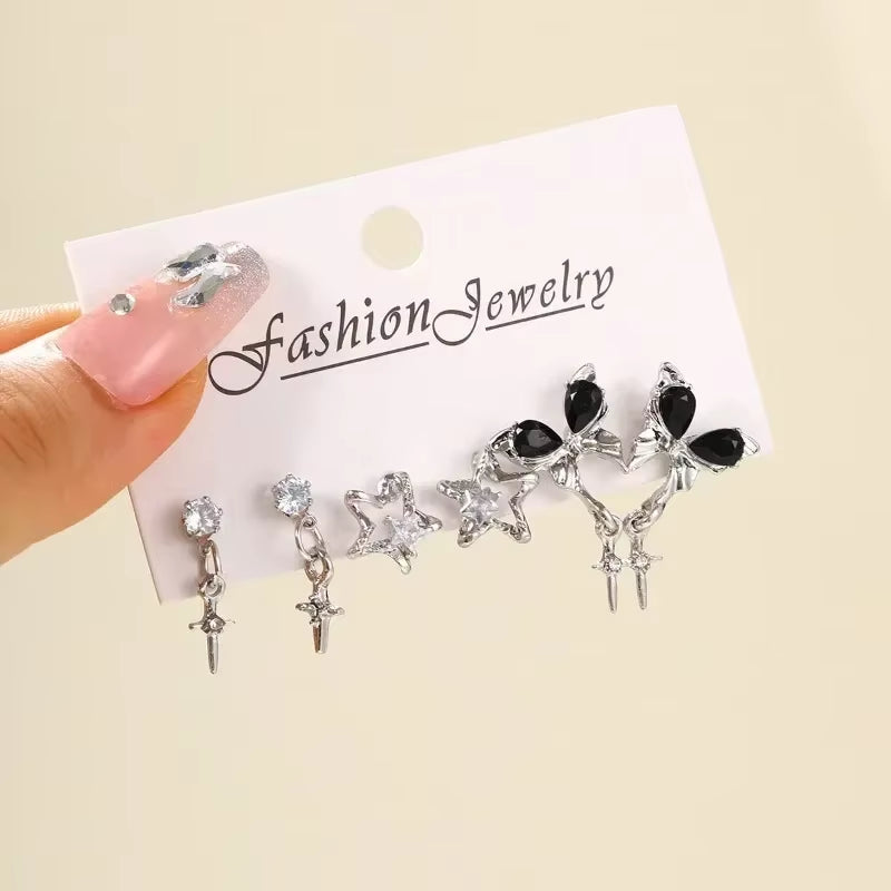 Y2K 6Pcs/Set Silver Color Rhinestone Butterfly Stud Earrings for Women Fashion Punk Heart Earring Sets 2023 Trendy Jewelry Gift